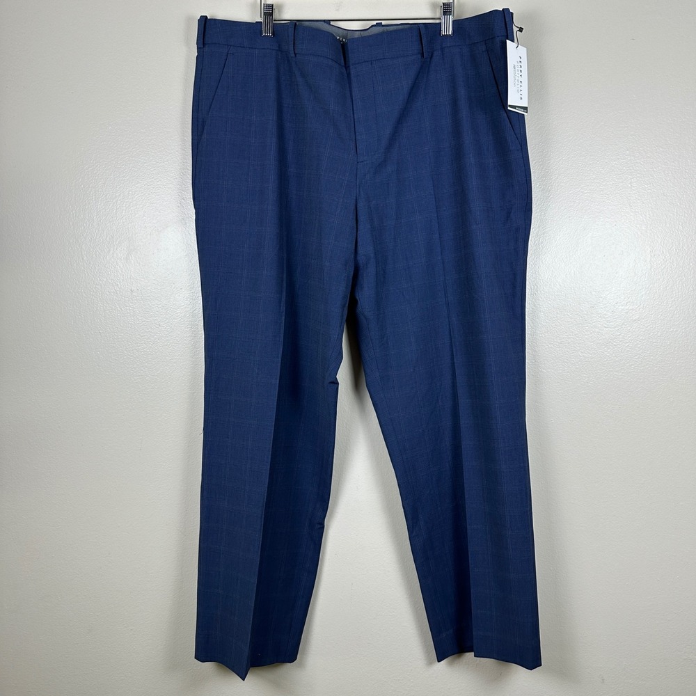 Perry Ellis Mens 40x30 Portfolio Resolution Dress Pants‎ Navy Blue Plaid NEW
